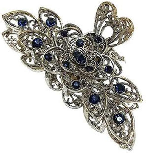 Women Fashion Retro Metal Alloy Rhinestone Large Size Fancy Hair Claw Jaw Clips for Thick Hair (Ink-Blue Colour 1)