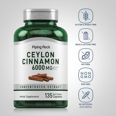 Piping Rock Ceylon Cinnamon Capsules 6000mg - 135 Count Herbal Extract Supplement - Non-GMO, Gluten Free for Health