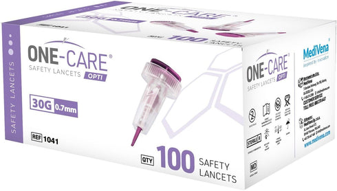 MediVena ONE-CARE Safety Lancets, 30G x 1.5mm, Gentle Pre-Loaded Finger Self Prick Device for Diabetes Testing, 100/Box