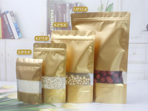 50 pcs Brown Smell Proof Bags, Resealable Stand Up Food Storage Bags with Window for Candy, Coffee, Small Business