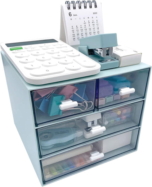Makeup Organizer, Desk Organizer with 4 Drawers, Vanity Cosmetic Storage Box for Bathroom Counter or Dresser, Blue