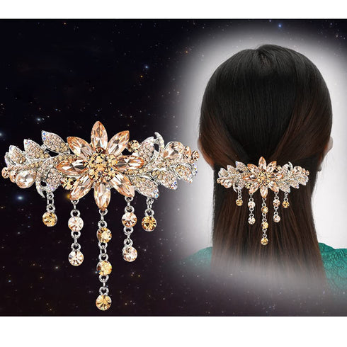 Luxury Hair Barrettes - Flower Tassel Design Rhinestone Hairpin, Crystal Hair Clip for Women Girls, Champagne