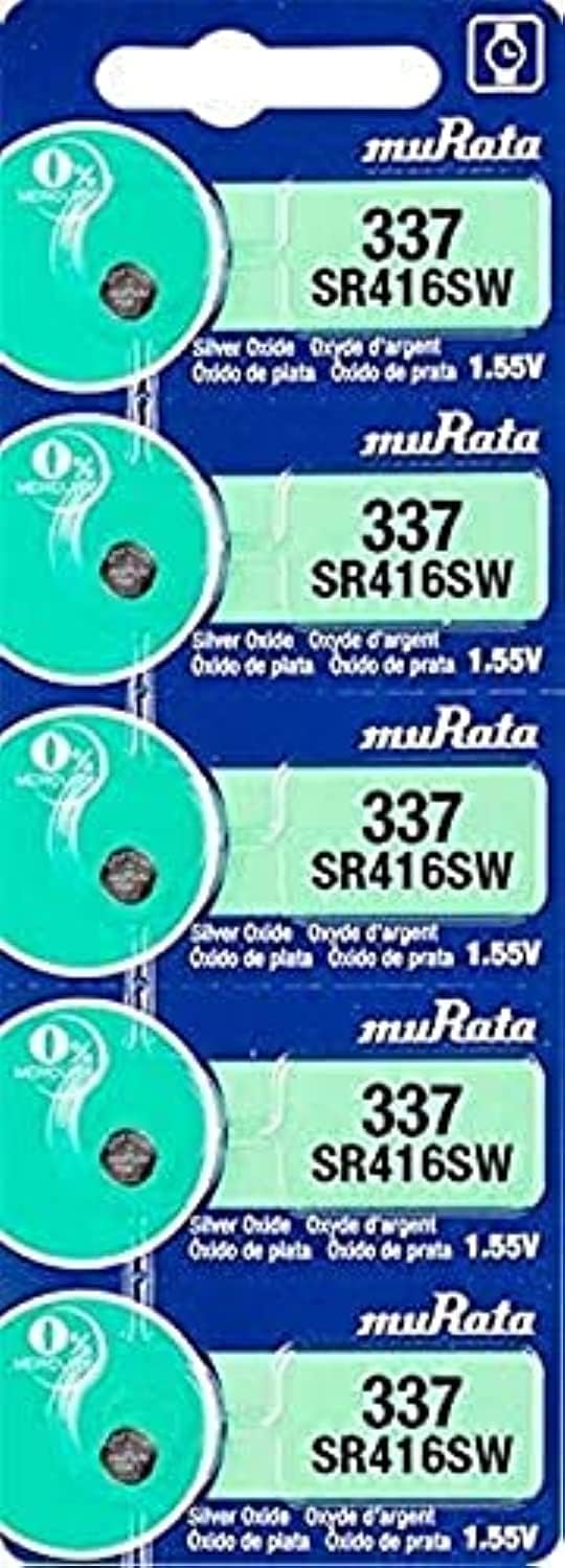 Murata 337 Battery SR416SW 1.55V Silver Oxide Watch Button Cell, 5 Batteries