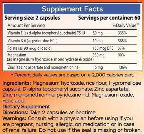 Magnesium Zinc Supplement with Vitamins B6, B9, High Absorption for Immune Support, 120 Capsules.