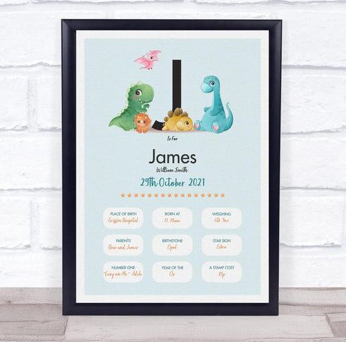 The Card Zoo New Baby Birth Details Christening Nursery Dinosaur Initial J Gift Print