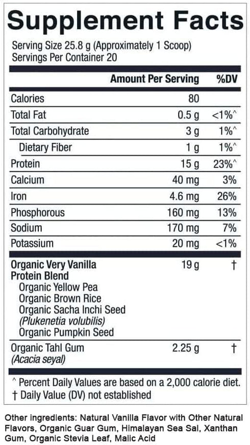 Essential Elements Organic Pea Protein Powder - Very Vanilla, Low-carb Plant-Based Vegan Blend, Keto-Friendly, 20