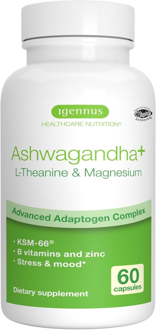 Advanced Ashwagandha KSM-66, L-Theanine & Magnesium - 60 Vegan Capsules, Multi Action Adaptogen Complex for Stress