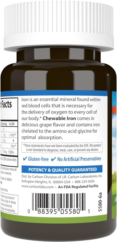 Carlson Chewable Iron 27 mg, Grape, 30 Tablets for Blood Health