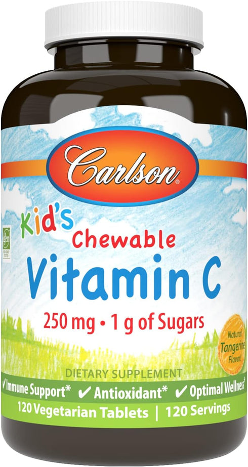 Carlson Kid's Chewable Vitamin C - 250 mg, Immune Support & Optimal Wellness, Antioxidant, Tangerine, 120 Vegetarian