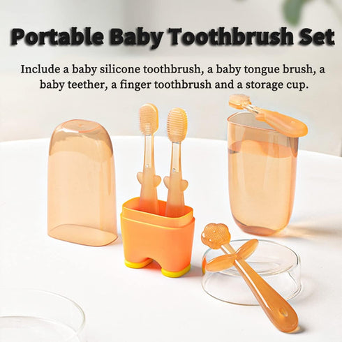 FOKiiBO Baby Silicone Toothbrush Set, Includes Toothbrush + Tongue Brush + Finger Toothbrush + Cup for Training, 0-18M