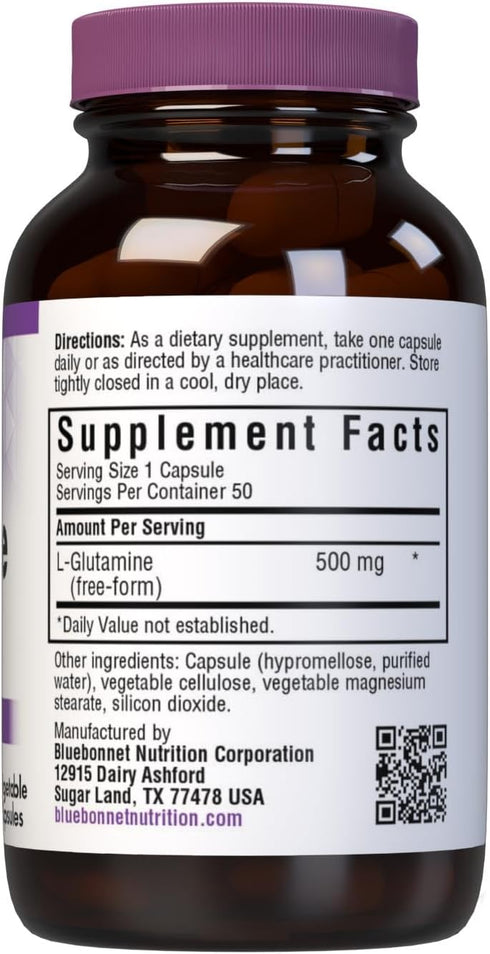 Bluebonnet Nutrition L-Glutamine 500mg, Supports Immune Function, Nitrogen Transporter, Soy & Gluten-Free, Non-GMO, Kosher Certified, Vegan, 50 Vegetable Capsules, White, 50 Count