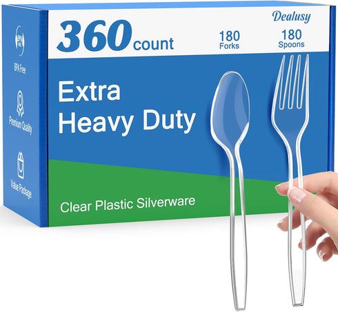 360 Count Extra Heavy Duty Clear Plastic Forks and Spoons, Disposable Silverware Set for Parties