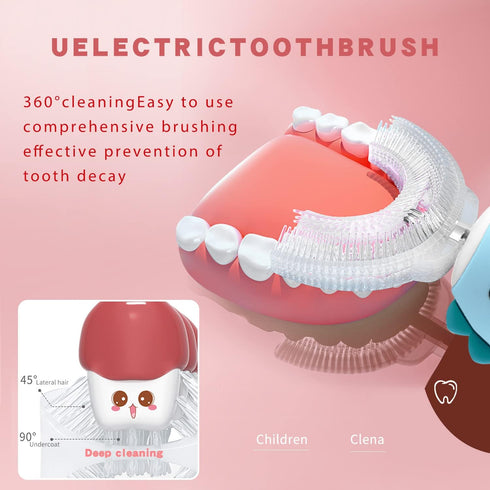 Kids Electric Toothbrushes, U Shaped Ultrasonic Rechargeable Toothbrush with Smart Timer, 6 Modes, IPX7 Waterproof, Pink
