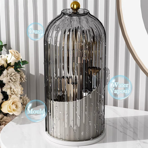 Makeup Brush Organizer with Lid, 360° Rotating Clear Dustproof Storage, Cup Pen Holder for Vanity Bathroom (Clear Black
