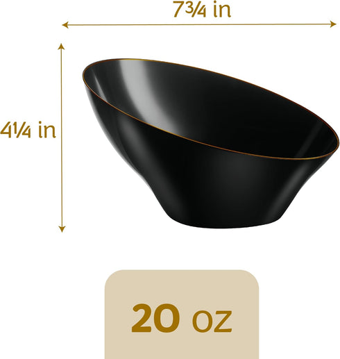 PLASTICPRO Disposable Medium Plastic Bowls, Black with Gold Rim, Pack of 4 for Appetizer Salads