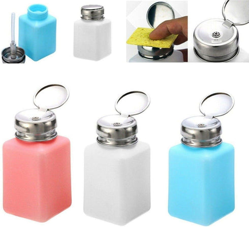 VizGiz 3 Pack Alcohol Dispenser 200ml Empty Push Down Nail Polish Remover Pump with Metal Flip Cover for Technical Use