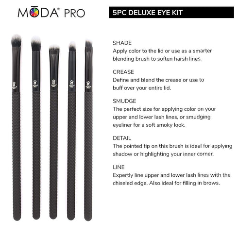 MODA Pro Deluxe Eye Makeup Brush Kit, 5pc Includes Shader, Crease, Detail, Smudger, Liner Brushes (Black)