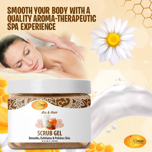 SPA REDI Exfoliating Scrub Pumice Gel, Milk and Honey, 16 Oz - Body Exfoliator with Hyaluronic Acid