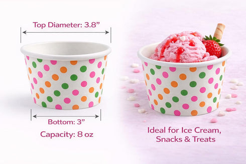 Worlds 8oz 50 pack Paper Ice Cream Cups Polka Dot Paper Yogurt Cups Rainbow