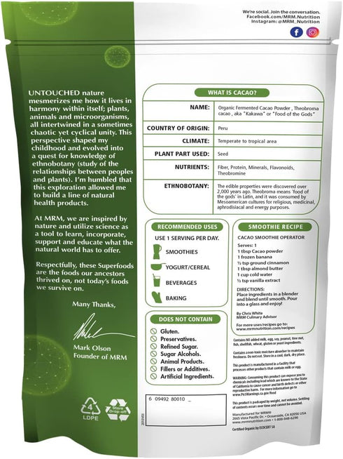 MRM Nutrition Organic Fermented Cacao Powder, Superfood, Antioxidant-rich, Gluten Free + Vegan, 43 Servings