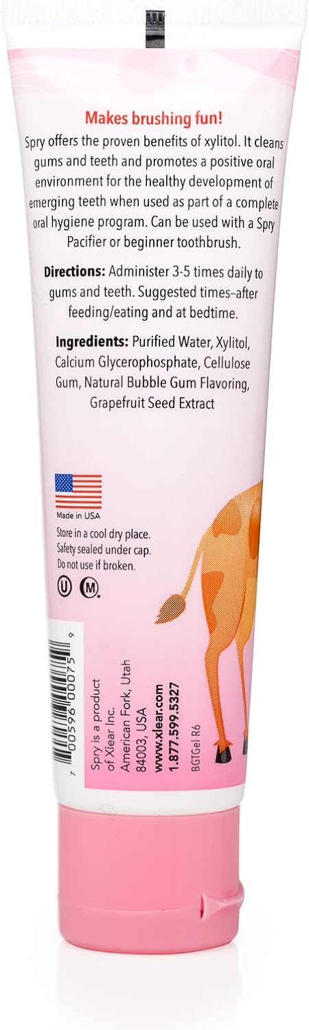 Spry Natural Xylitol Toothpaste for Baby, Toddler, Kids Age 3 Months and Up - Fluoride Free, Bubble Gum, 2 Fl Oz (Pack