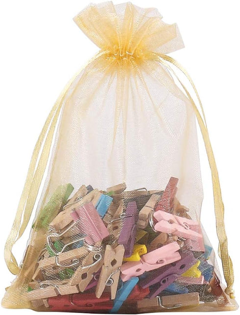 HRX 100pcs Gold Organza Gift Bags, 4 x 6 inch Candy Mesh Drawstring Favor Pouches for Wedding Christmas Party