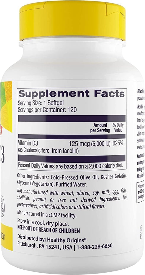 Healthy Origins Vitamin D3, 5,000 IU, 120 Softgels, Non-GMO, Bone and Immune Support