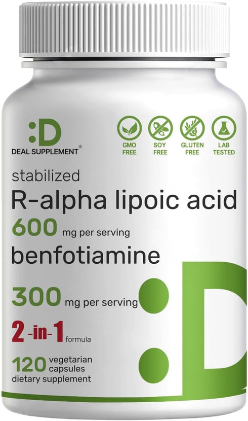 DEAL SUPPLEMENT R Alpha Lipoic Acid 600mg & Benfotiamine 300mg, 120 Veggie Capsules - Antioxidant Energy Support