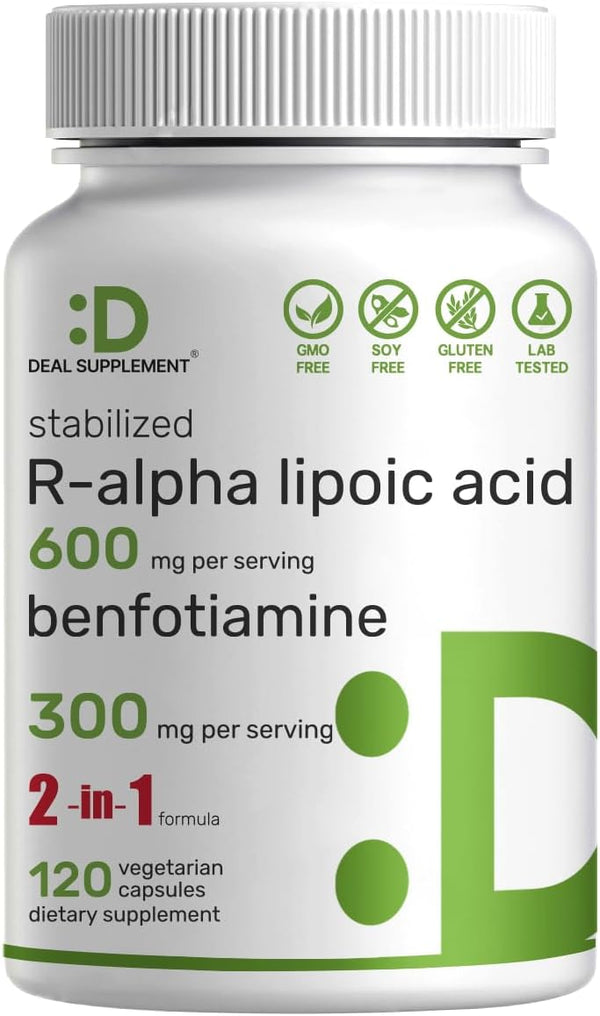 DEAL SUPPLEMENT R Alpha Lipoic Acid 600mg & Benfotiamine 300mg, 120 Veggie Capsules - Antioxidant Energy Support