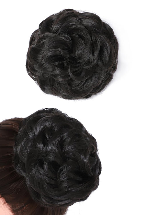 Messy Bun Hair Pieces for Women - Rose Bud Updo Curly Extension Scrunchie Darkest Brown Tend to Black