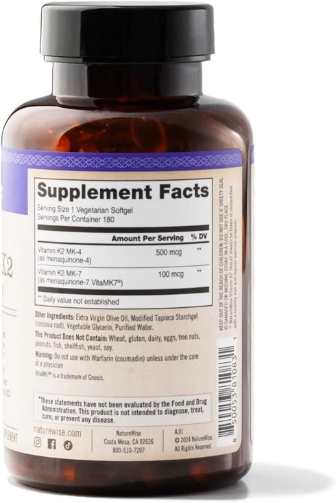 NatureWise Vitamin K2 MK-7 100mcg and MK-4 500mcg, Enhanced Bioavailable Formula for Bone Health, 180 Softgels