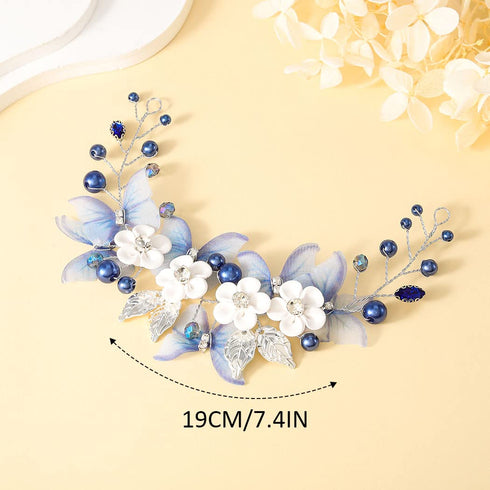 Unicra Butterfly Bride Wedding Hair Vine Blue Pearl Bridal Hair Piece Silver Hair Accessories Rhinestone Headband for Women and Girls