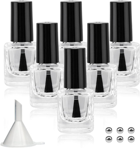 6PCS Empty Nail Polish Bottles with Funnel, Glass Rectangle with Brush & Mixing Balls, Black (5ML)