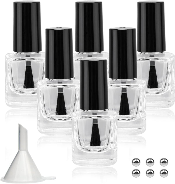 6PCS Empty Nail Polish Bottles with Funnel, Glass Rectangle with Brush & Mixing Balls, Black (5ML)