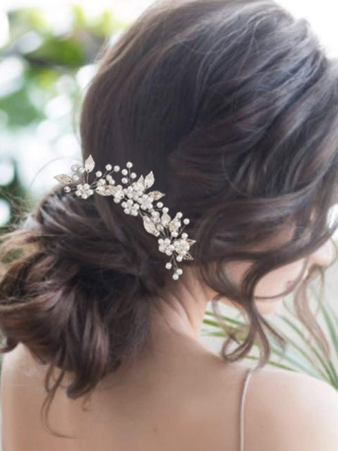 Heread Pearl Bridal Hair Pins Pack of 3 | Leaf Head Piece Flower Hair Accessories for Women and Girls (Silver)