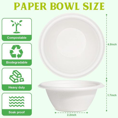 8 oz Small Disposable Bowls, 100 Pack Compostable Paper Bowls for Ice Cream, Snack, Biodegradable Made of White Bagasse
