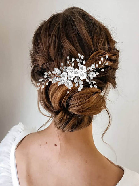 Latious Silver Flower Bride Wedding Hair Comb, Pearl Bridal Side Comb, Crystal Hair Piece for Women