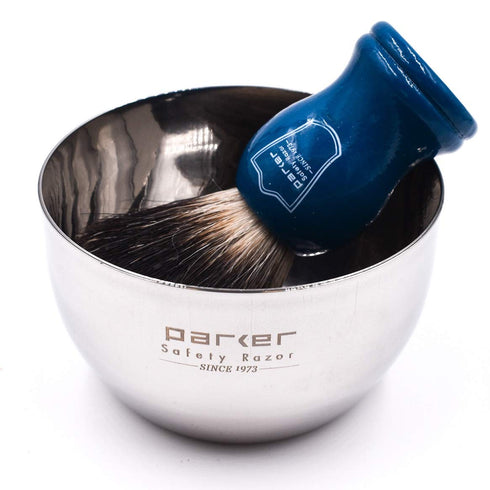 Parker 100% Black Badger Shaving Brush with Blue Wood Handle & Stand, Premium Wet-Shaving Brush