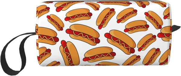Fun Hot Dog Food Pattern Makeup Bag, Small Portable Travel Toiletry Organizer with Handle for Women and Girls