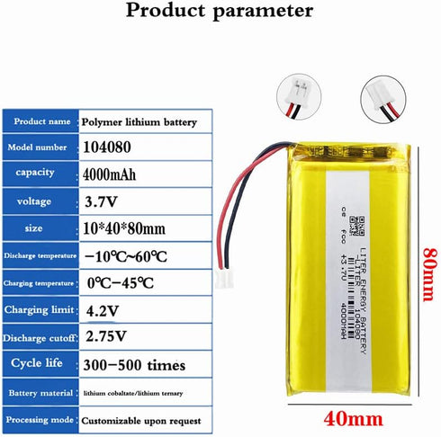 Liter energy battery 3.7V 104080 4000mAh Pack 2.0mm Lithium Polymer ion Battery Rechargeable Polymer Battery with JST