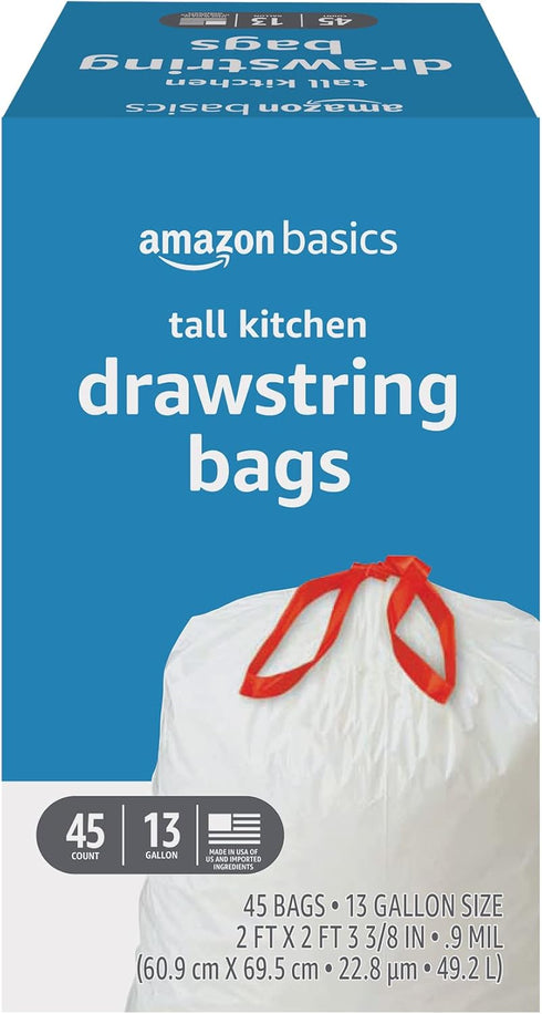 Amazon Basics Tall Kitchen Drawstring Trash Bags, 13 Gallon, 45 Count, Pack of 1
