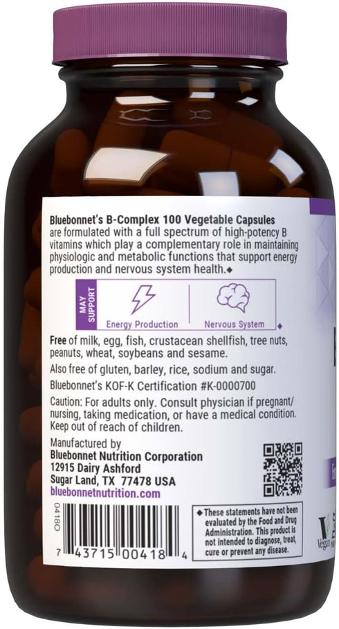 Bluebonnet Nutrition B Complex - Complete Full Spectrum, Vitamin B6, B12, Biotin, Folate, Vegan, Vegetarian, Gluten,