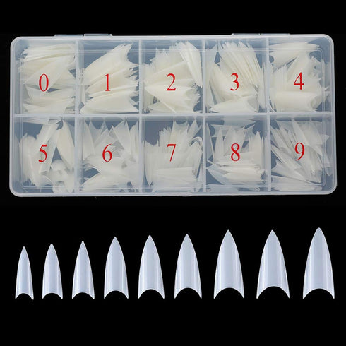 Stiletto Nail Tips 500Pcs Short Sharp Ending False Acrylic Nails Tip Half Cover 10 Sizes with Box for Nail Salons DIY