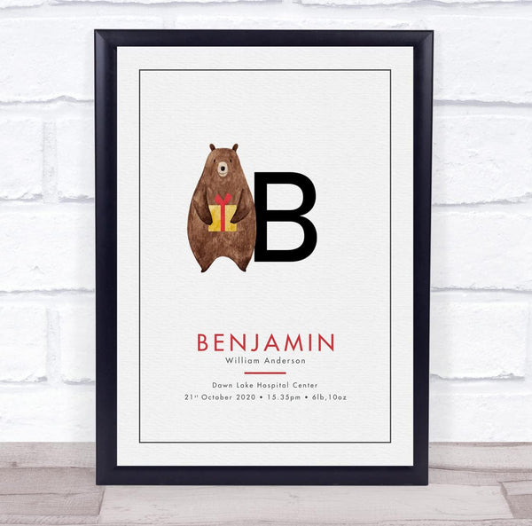 The Card Zoo New Baby Birth Details Christening Nursery Initial B Bear Keepsake Gift Print