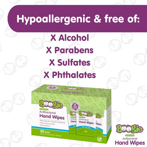 Packs, 30 (Pack 3) Antibacterial Hand Wipes by Boogie, Alcohol Free, Hypoallergenic and Moisturizing Aloe, Hand Wipes