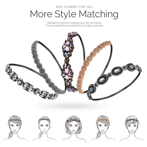 Teenitor Elastic Beaded Headbands, 5pcs Crystal Rhinestone for Women & Girls