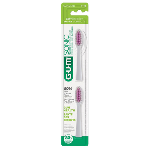 GUM Sonic Powered Toothbrush, Tapered Bristles Clean Below The Gumline, Bundle, White, 1 Handle + 2 Refills