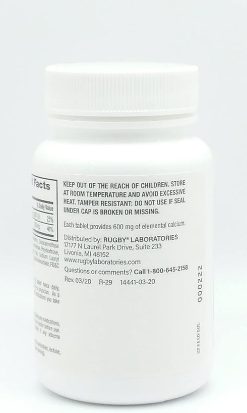 Rugby Laboratories Calcium 600 mg Calcium Supplement, Calcium Carbonate for Strong Bones, Vitamin D3 5 mcg, 60 Tablets