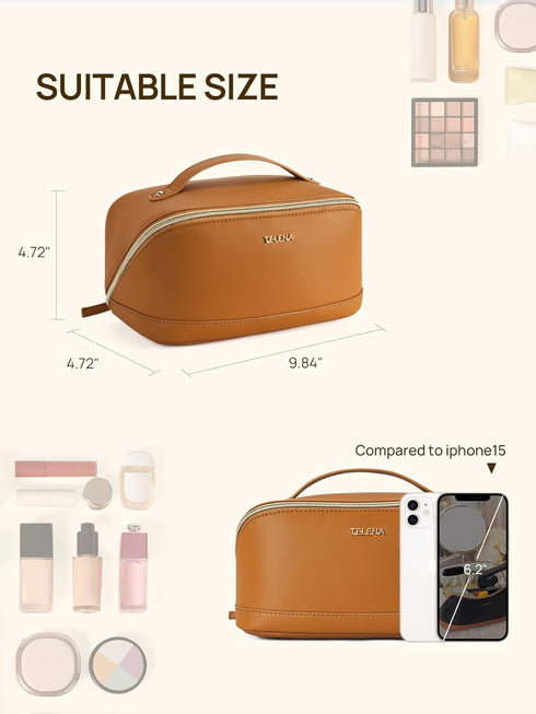 Telena Large Capacity Makeup Bag, Portable PU Leather Water Resistant Cosmetic Organizer for Women with Handle and
