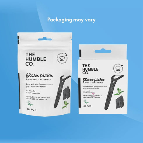 The Humble Co. Charcoal Floss Picks (200 Count) – Plant Based Dental Floss Picks with Grip Handle for Oral Care